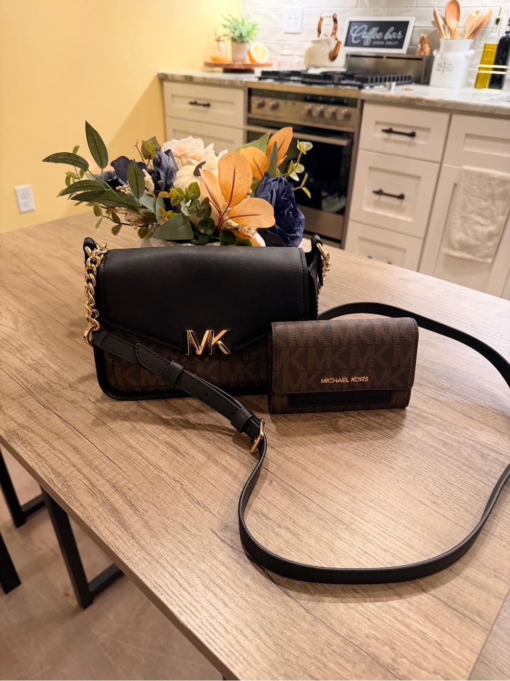 Michael Kors Black and Brown Logo Crossbody Bag with Card Wallet